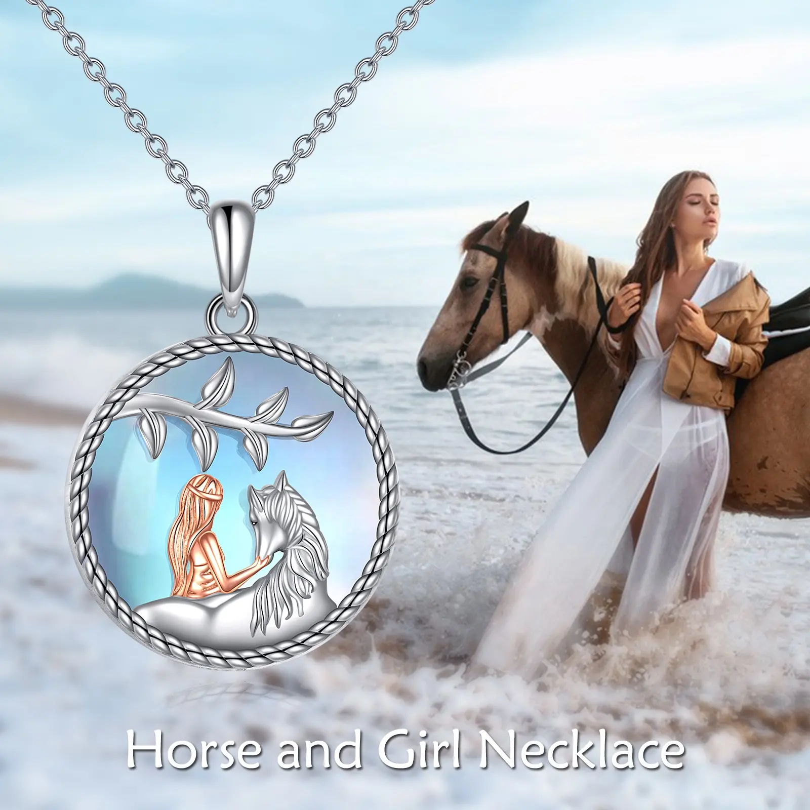 Luxo bonito 925 Sterling Silver Horse e meninas Moonstone Pendant Necklace Jewelry Gift