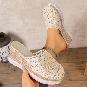 Mules compensées en crochet et dentelle pour femmes, sandales à plateforme ouvertes à enfiler, chaussures décontractées respirantes pour l'été - Product Image 5