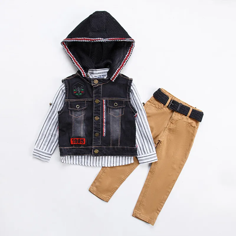नई प्रवृत्ति स्प्रिंग/गिरावट बच्चों कपड़े डेनिम जैकेट Boy'S कपड़े सेट शर्ट + जींस बनियान + लड़के पैंट के साथ बेल्ट 3pcs लड़कों सूट