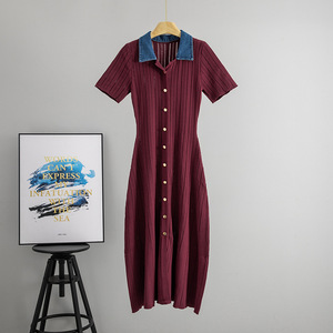 Vestido Midi de Punto de Manga Corta con Cuello Vaquero, Cuello en V, Color Sólido, Elegante y Casual para Mujer - Product Image 4