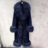 Manteau long en cuir pour femme, chaud pour l'hiver, avec garniture en fourrure naturelle de mouton bouclé de Mongolie