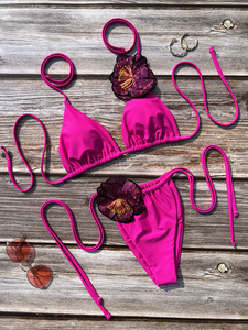 <strong>Bright</strong> PInk 3D Printed Flower Swimsuit Two-piece Sexy Backless Bikini Tie-side Women's Bathingsuit - Product Image 6