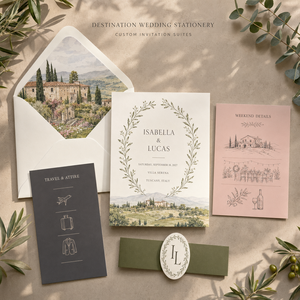 Suite d'invitations de mariage personnalisées illustrées sur le thème d'une destination, avec pochette imprimée paysage de villa et cartes en papier assorties - Product Image 1