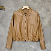 Veste en peau de mouton pour femme, marron caramel, col chemise, poche poitrine unique, ourlet à cordon, épaules tombantes, coupe ample, manteau court en cuir