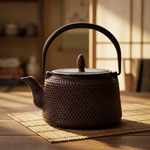 Tetera de metal tradicional china con tapa y asa, diseño texturizado en marrón oscuro - Product Image 4