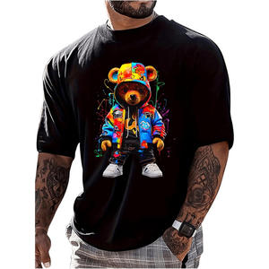 T-shirt pour homme à motif d'ours de dessin animé, manches courtes, col rond, coupe ample, pur coton, vêtement de loisirs, design estampé à chaud - Product Image 1