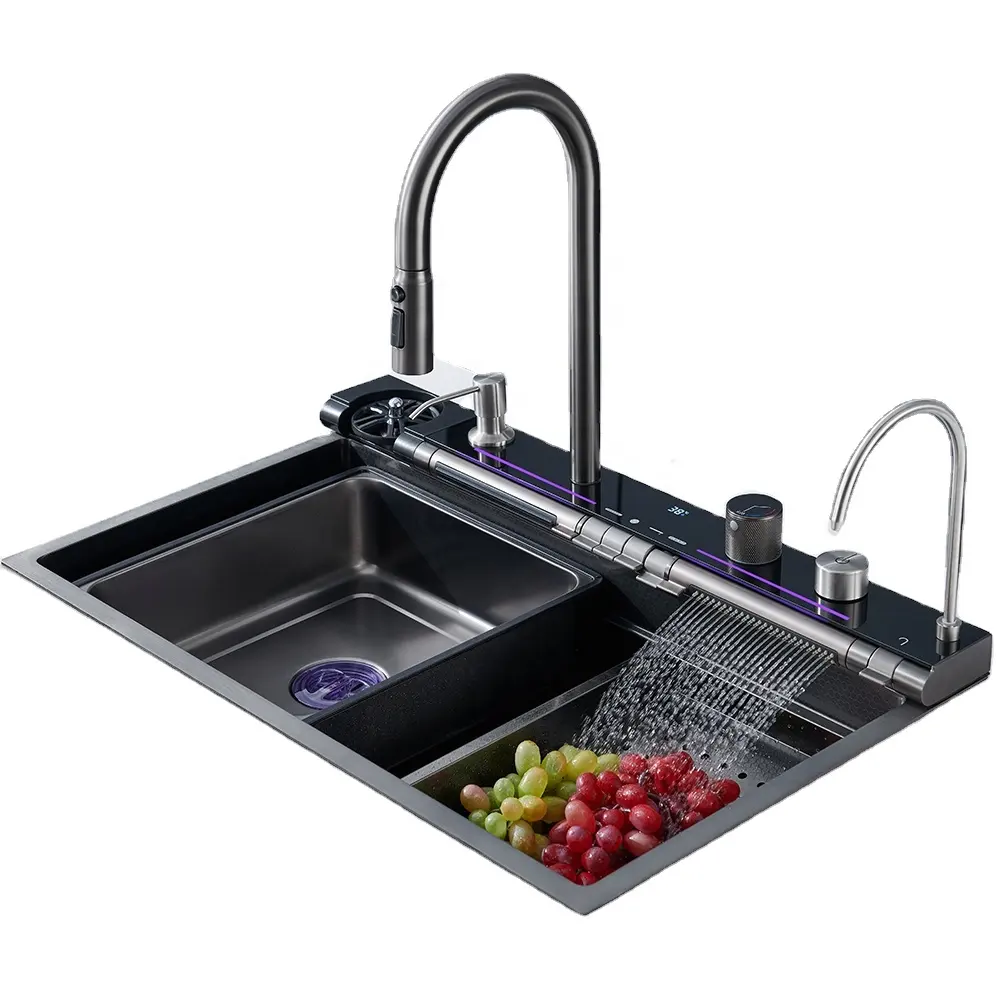 Gran tamaño granja casa 304 acero inoxidable negro fregadero LED Digital lavabo pantalla piano botón doble cascada acero fregadero Cocina