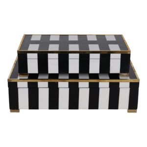 Scatola Decorativa Rettangolare con Piedini, Moderna in Resina e Legno con Coperchio, Porta Gioielli, Organizer per Casa, Nero Bianco a Righe con Finiture Dorate - Product Image 3
