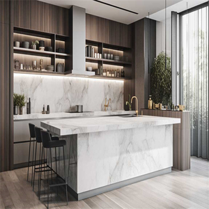 Gabinetes de cocina planos personalizados modulares minimalistas de estilo moderno plano blanco y gris con mármol personalizado Isand - Product Image 1