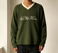 Pull en maille vintage personnalisé pour homme à col en V contrastant, pull vert surdimensionné avec broderie OEM Script, modèle non encore disponible