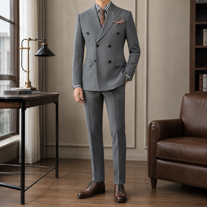 Completo da Uomo Slim Fit <span class=keywords><strong>Blu</strong></span> Navy a Righe Sottili <span class=keywords><strong>Doppiopetto</strong></span> per Matrimonio, Ballo di Fine Anno, Cerimonia, Sposo, Testimone, Eventi Speciali, Gala, Spettacoli - Product Image 1