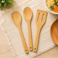 Ensemble d'ustensiles de cuisine en bambou de 3 pièces : Cuillère à pâtes, Spatule ajourée, Cuillère mélangeuse – Outils de cuisson en bois avec trou de suspension – Vente en gros