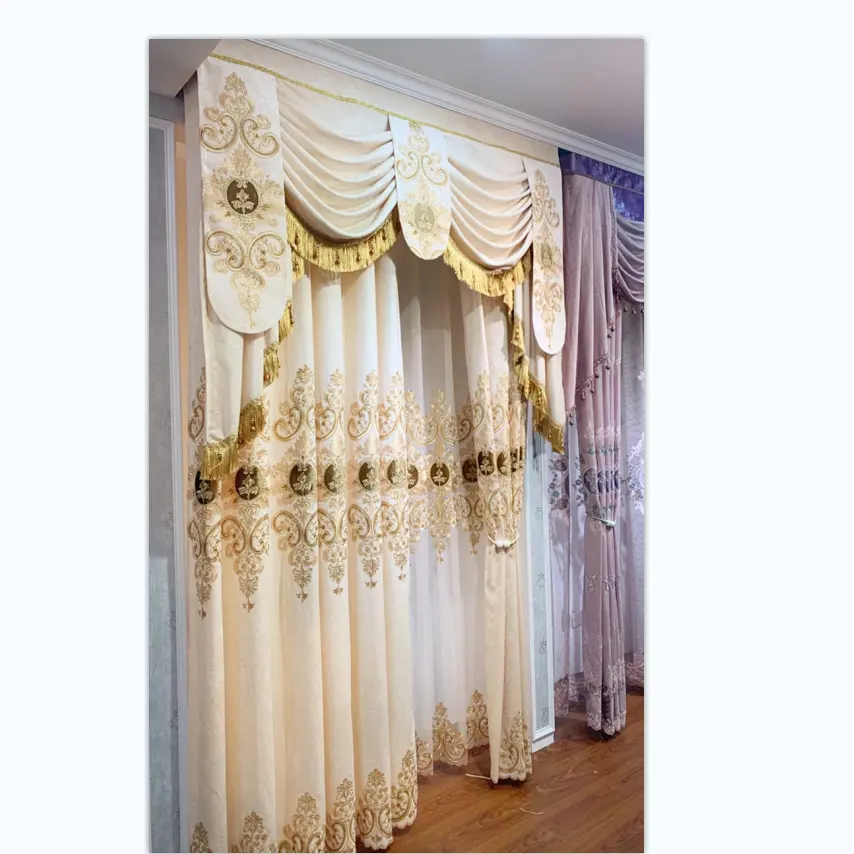 Champagne European living room Chenille gold embroidery curtains fabric manufacturers bedroom window screen curtains