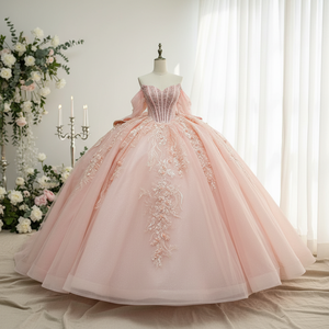 Vestido de Noche Largo hasta el Suelo con Perlas de Satén y Cola Lateral para Boda, Fiesta, Baile de Graduación, Temporada de Verano, con Decoración de Encaje y Cintura Natural, Quinceañera - Product Image 1