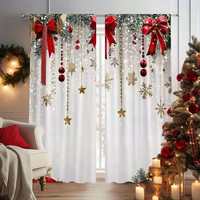 Rideaux de Noël en polyester à imprimé numérique flocons de neige et nœuds, pour fenêtre de salon, ensemble de vente en gros
