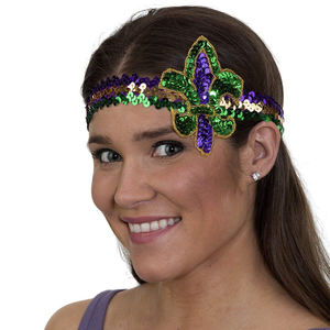 Diadema ajustable Unisex para adultos Mardi Gras Fleur Di Lis, tocados de plumas de imitación de lentejuelas moradas, tocados, tocados, banda para el cabello - Product Image 1
