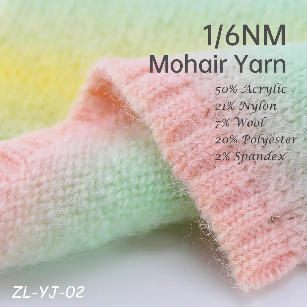 1/6nm 50% Acryl 21% Nylon 7% Wol 20% Polyester 2% Spandex Fancy Space Dye Mohair Gehaakt Platte Breimachine Gemengd Garen