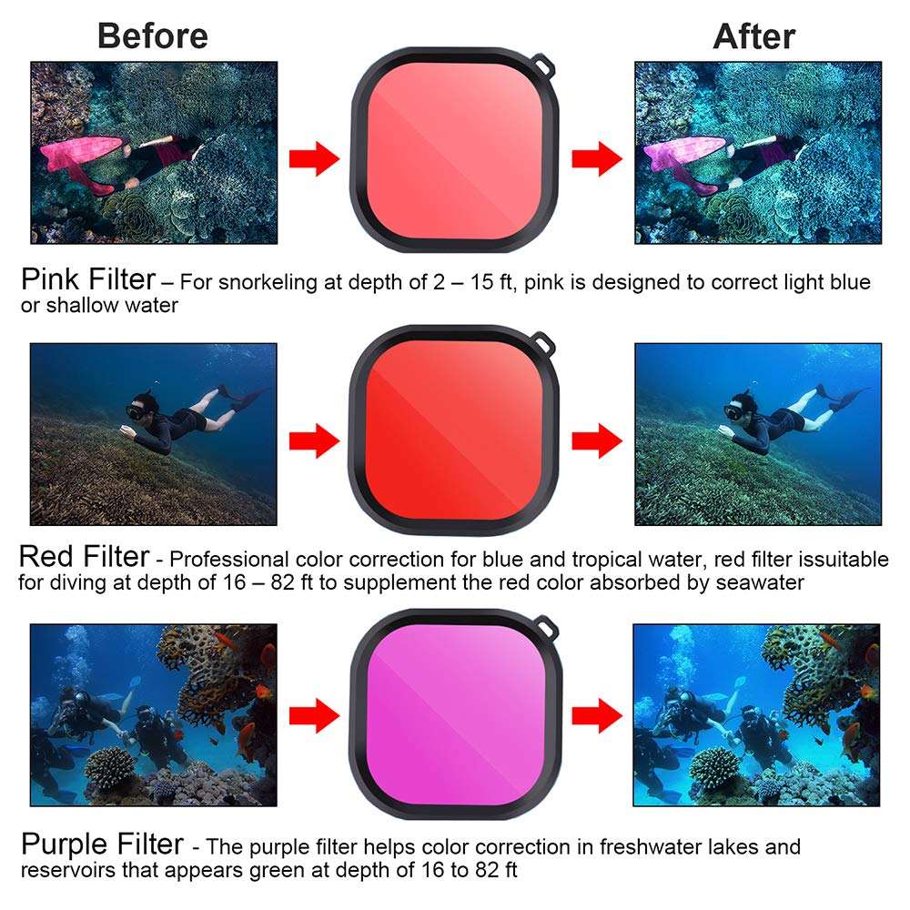 HONGDAK Red/Pink/Purple Diving Underwater Action Camera Filter Kit Nd Camera Lens Filter for GoPro Hero 10/9/8/7/6/5/4 Black