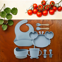 Ensemble de vaisselle pour bébé en silicone : bol, assiette en forme de crabe, bavoir, assiette compartimentée, cuillère, fourchette, tasse