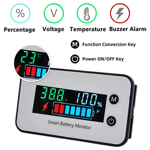 Máy kiểm tra pin 7-100V chống nước IPX7, Máy theo dõi dung lượng pin xe golf RV, Vôn kế pin hàng hải có đồng hồ đo nhiệt độ & báo động - Product Image 3