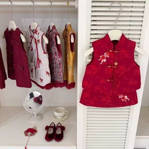 Tongxingyuan Baby Girls Red Chinese Style Vest Skirt Set Thickening Floral Winter Outfit - Product Image 2