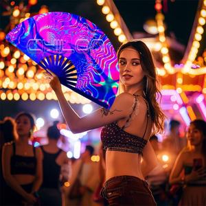 UV Reflective <b>Large</b> Clack Folding Bamboo Rave Decorative Hand Held <b>Fans</b> As Festivals Parties Accessories - Product Image 2