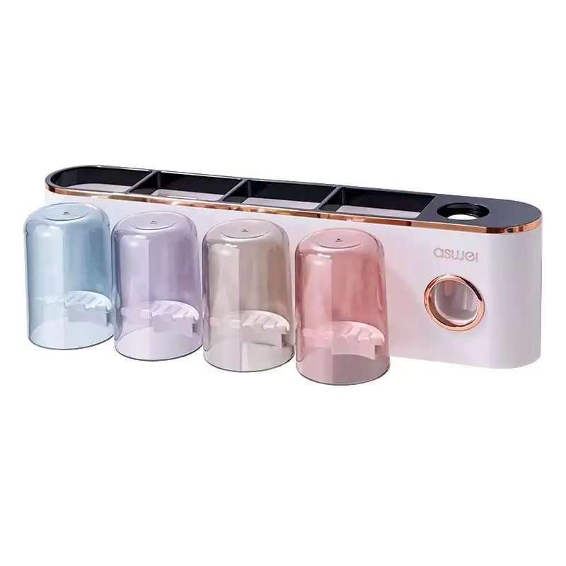 Mei huan factory Plastic Automatic Toothpaste Dispenser 4 Cup Magnetic Wall Mounted Toothbrush Holder Without Perforating