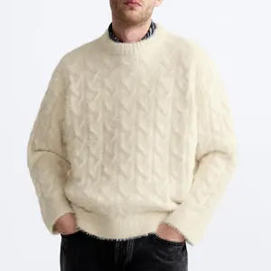 कस्टम लोगो पुरुष स्वेटर लंबी आस्तीन क्रू नेक स्वेटर फजी निट टॉप विंटर निटवेअर ट्विस्ट रोप डिजाइनर पुरुषों के लिए बड़ा स्वेटर