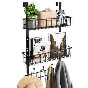 Metal Hanging Hook Rack Shelf Over The Door Hanger 2 Mesh Baskets 9 Hooks Storage Organizer Rack For Coats Hats Handbags Towels