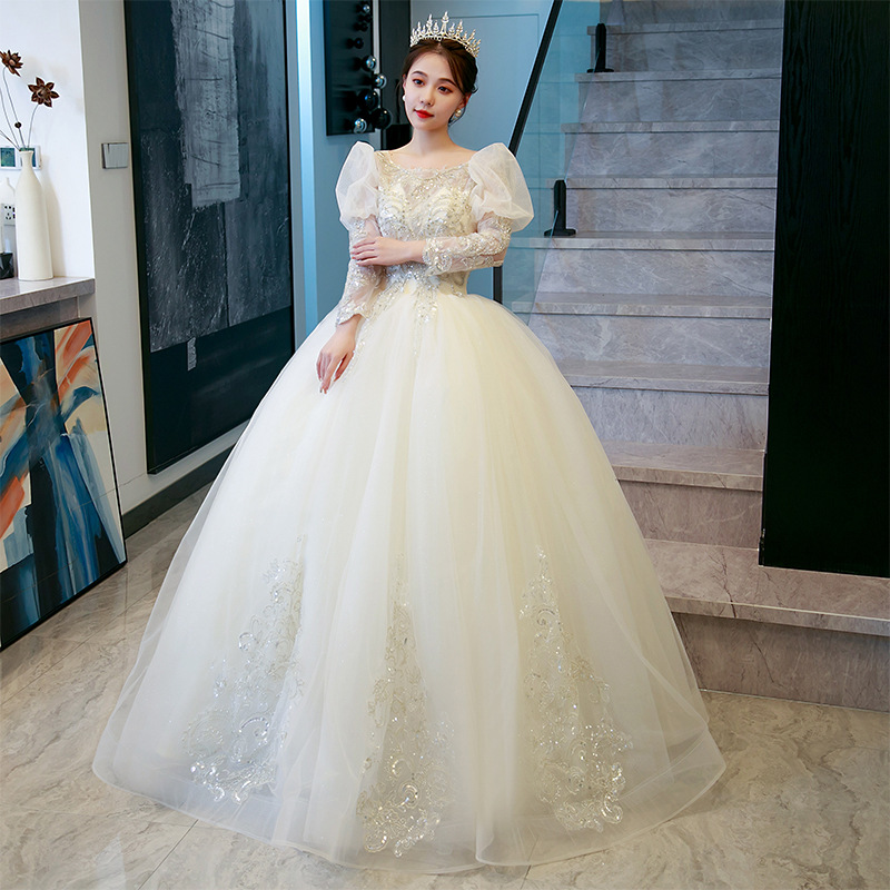 2022 Puffy Long Sleeve Champagne Wedding Dresses Lace Appliques Shiny  Sequin Vintage Bridal Dress Wedding Gowns| Alibaba.com
