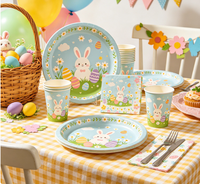 Kit de fournitures de fête jetables sur le thème de Pâques pour la célébration, comprenant des assiettes, des gobelets et des serviettes colorées sur le thème de Pâques