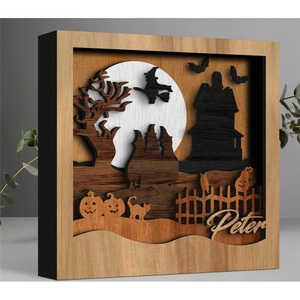 <strong>Halloween</strong> Double Layers Wooden Ornaments Bat House Black Tree Home Decoration Laser Cut Wood Shadow Wall Art - Product Image 6