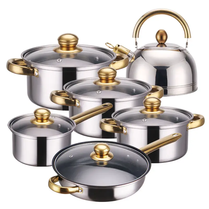 Manufacturer High Quality 12pcs Stainless Steel Gold Plated Non Stick Cookware Sets With Golden Handles