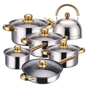 Produsen kualitas tinggi 12 buah set peralatan masak antilengket berlapis emas baja tahan karat dengan pegangan emas