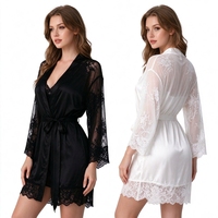 Robe de nuit sexy en dentelle et satin à col en V pour femme, transparente, à manches longues, ample, respirante, pour les vacances, avec boutons et ouverture à nouer pour la chambre
