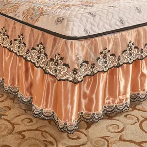 QUNZHEN Bed Skirt Pillowcases Sets Luxury Bed Sheet 4 Piece Set Bed Pink Bedding Set