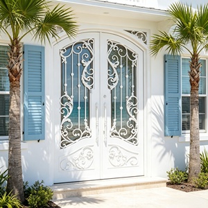 Porte double manuelle en fer forgé moderne avec verre trempé, porte d'entrée ornée forgée à la main pour villa et maison de luxe - Product Image 4