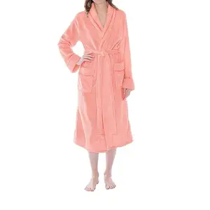 Wholesale long flannel fleece robes women different random solid color bathrobe