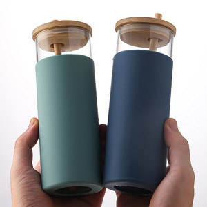 Custom Tumbler with Bamboo Lid and Bamboo <b>Straw</b> Frosted 500ml Glass <b>Water</b> <b>Bottle</b> with Silicone Sleeve with Custom logo - Product Image 1