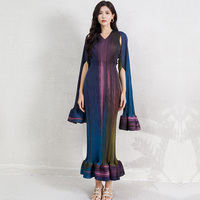 Robe longue élégante vintage à rayures dégradées plissées et froncées en satin, avec volants en cascade, manches longues, ensemble deux pièces pour l'automne