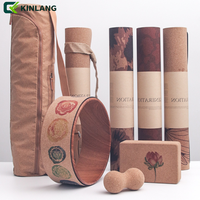Set Mat Yoga Gabus Karet Alam Grosir, Kit Mat Fitness Biodegradable dengan Aksesoris Yoga untuk Studio
