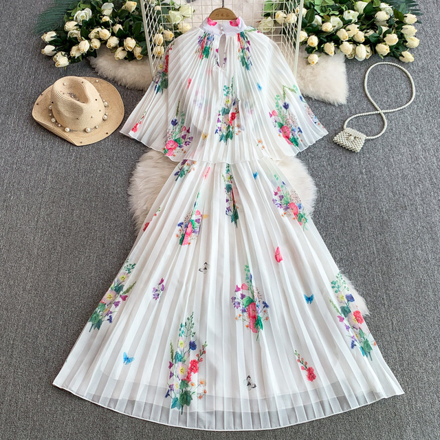 Ethnic Style Dignified and Elegant Stand up Collar Printed Cape Dress for Women Pleated Long Skirt