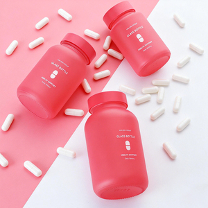 ขวดแก้ววิตามินแบบด้านสีแดงน้ำเงิน ขนาด 100 มล. 250 มล. 500 มล. สำหรับอาหารเสริมผู้หญิง บรรจุภัณฑ์แคปซูลเสริมความงามและซอฟต์เจล - Product Image 1