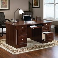 Bureau de direction classique de luxe en bois avec double meuble de rangement et classeur intégré, finition cerisier brun, pour bureau à domicile