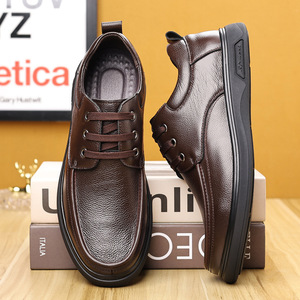 Zapatos casuales de cuero para hombre, con punta redonda, tacón bajo, antideslizantes, con cordones, para oficina, de primera capa de piel de vaca, estilo papá. - Product Image 3