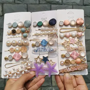 Korean women Pearl Metal gold Alloy geometric alphabet Star Heart Leaf Crystal Hair Clips set Barrette Hairpin Hair Accessories