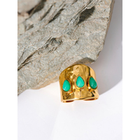 JINYOU 589 Grüner Naturstein Edelstahl 18k Vergoldeter Metall-Mode-Ring Charm Texturierter Wasserfester Schmuck für Frauen