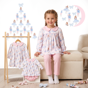 Conjunto de manga larga para niñas, estampado de dibujos animados, cuello Peter Pan, pantalones, conjuntos de ropa navideña - Product Image 1