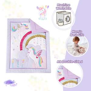 Unicorn Crib Bedding <b>Set</b> 3 Pieces Girl Crib <b>Bed</b> <b>Set</b> for Girls Nursery Bedding <b>Set</b> <b>Purple</b> Include Comforter Skirt and Sheet - Product Image 5