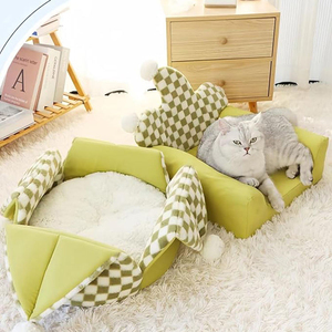 Cat <b>Bed</b> for All Seasons Warm Large Space Semi-Enclosed Teddy Design Checkered Pattern Large Detachable Washable Pet <b>Bed</b> Mat - Product Image 1